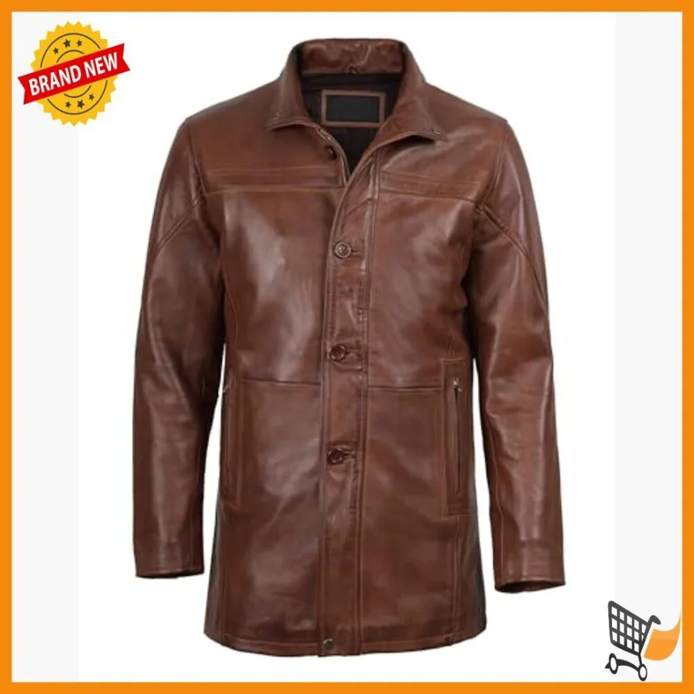 Men's Real Lambskin Leather Coat Car Coat Style Full Zip Lined